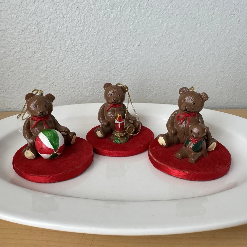 Vtg 80s Christmas Teddy Bear Ornaments w/ Ball Candle Lot 3‎ Kitsch Taiwan Red